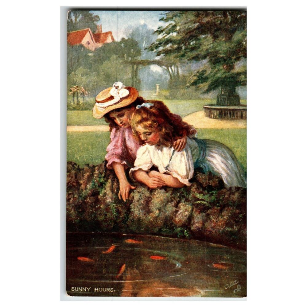 Raphael Tuck Oilette Postcard - Girls Feeding Goldfish, Sunny Hours No. 9508